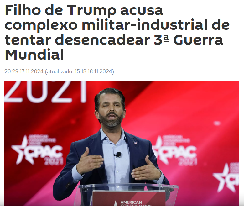 Filho de Trump acusa complexo militar-industrial de tentar desencadear 3ª Guerra Mundial