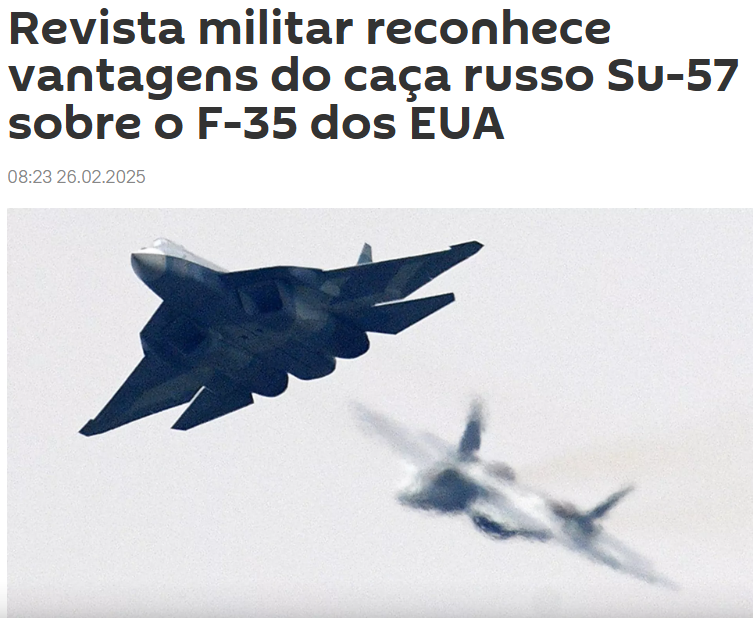 Revista militar reconhece vantagens do caça russo Su-57 sobre o F-35 dos EUA