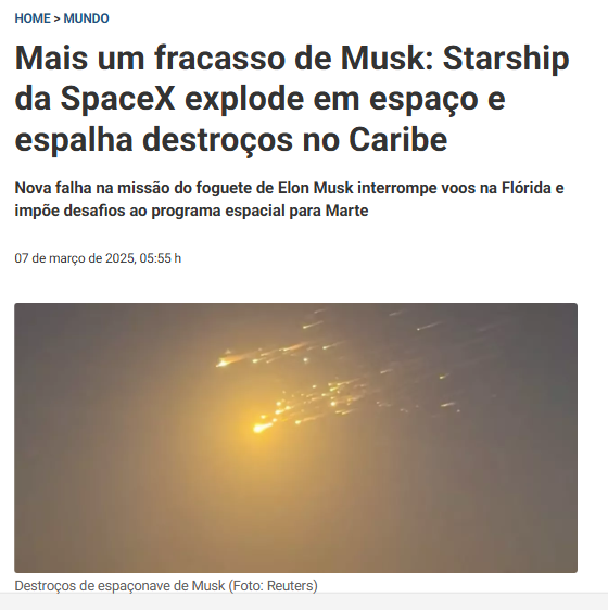Mais um fracasso de Musk: Starship da SpaceX explode e espalha destroços no Caribe